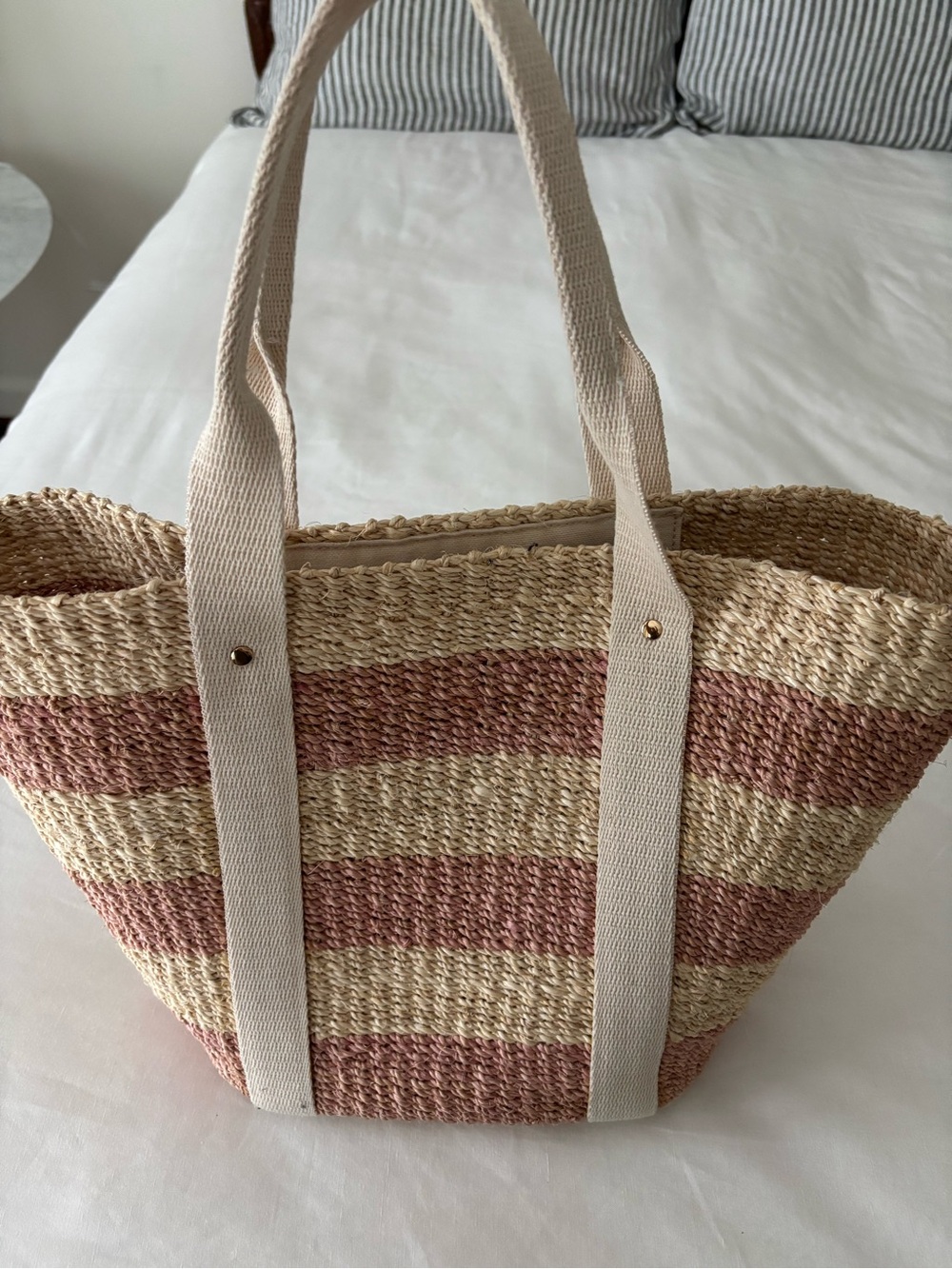 Striped Straw Tote Bag in Pink and Cream